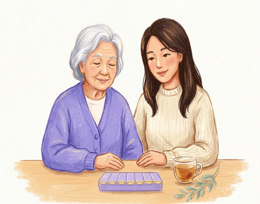 Minh họa pastel sáp vẽ tay Pilliko đồng hành nhắc lịch uống thuốc